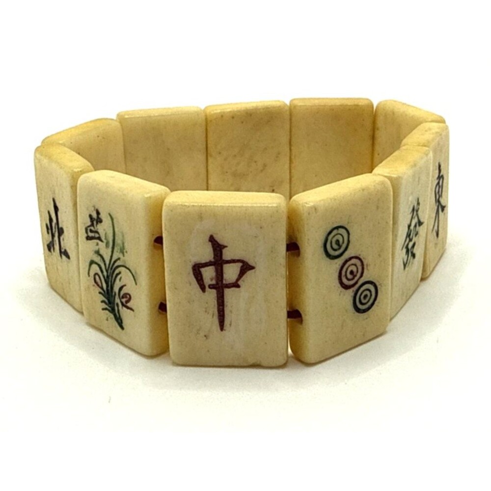 Vintage Bovine Cow Bone Mahjong Tile Bracelet Red Cord Stretch 7.5"